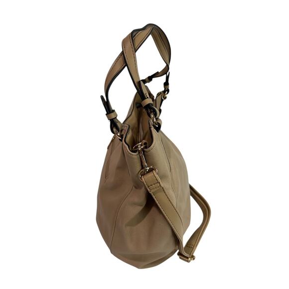 Tan Vegan Leather Shoulder Bag Detachable Crossbody Strap Goldtone Hardware - Picture 2 of 7